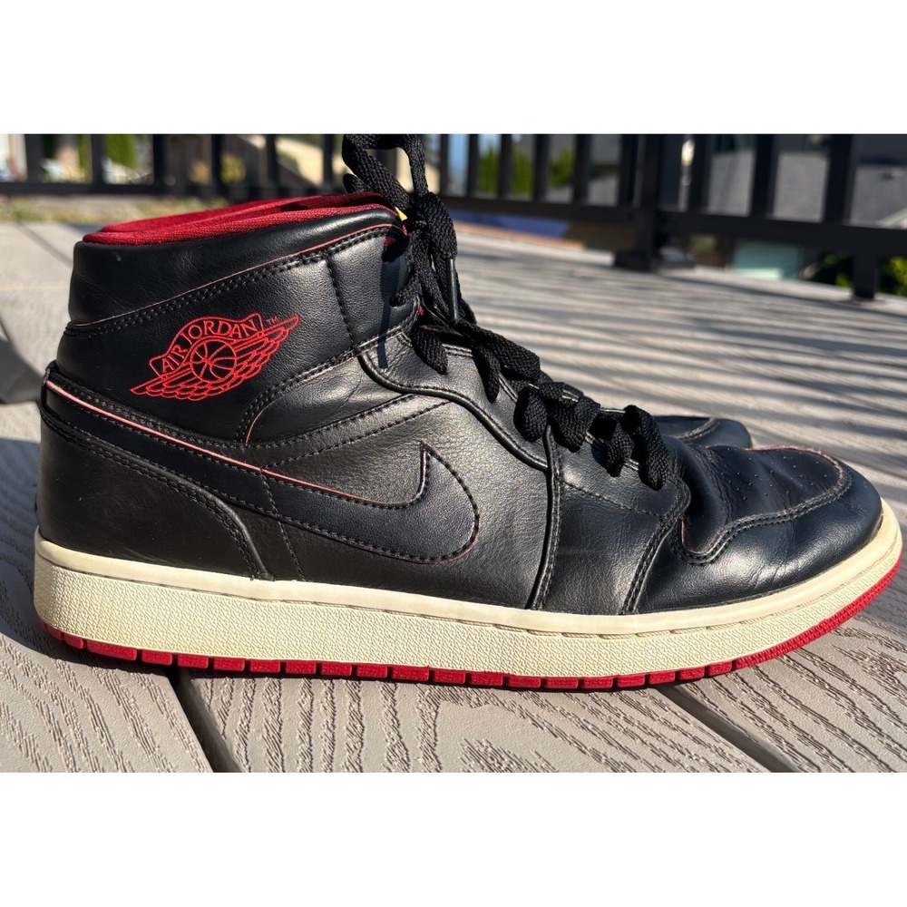 Nike Air Jordan 1 Retro Mid Black Red White Leather Mens Sneakers Shoes Size 12